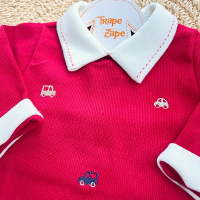 Macacão Tricotil (100% Algodão) - Vermelho Carrinhos Gola Bordada